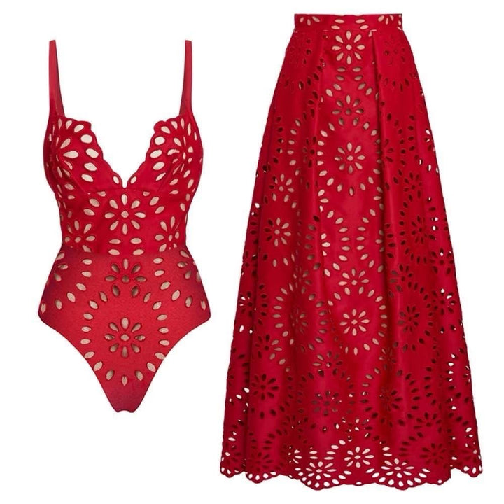 Glasgow hollow swimsuit with skirt- Red Preorder