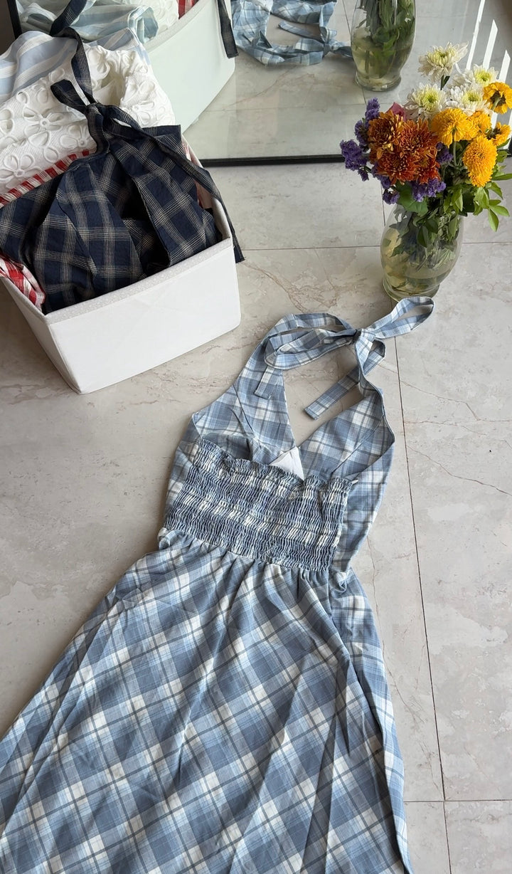 Malta halter neck chequered dress