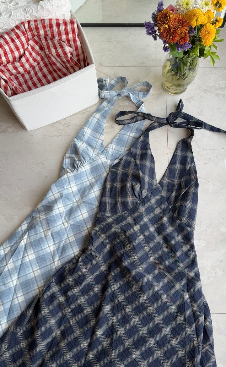 Malta halter neck chequered dress