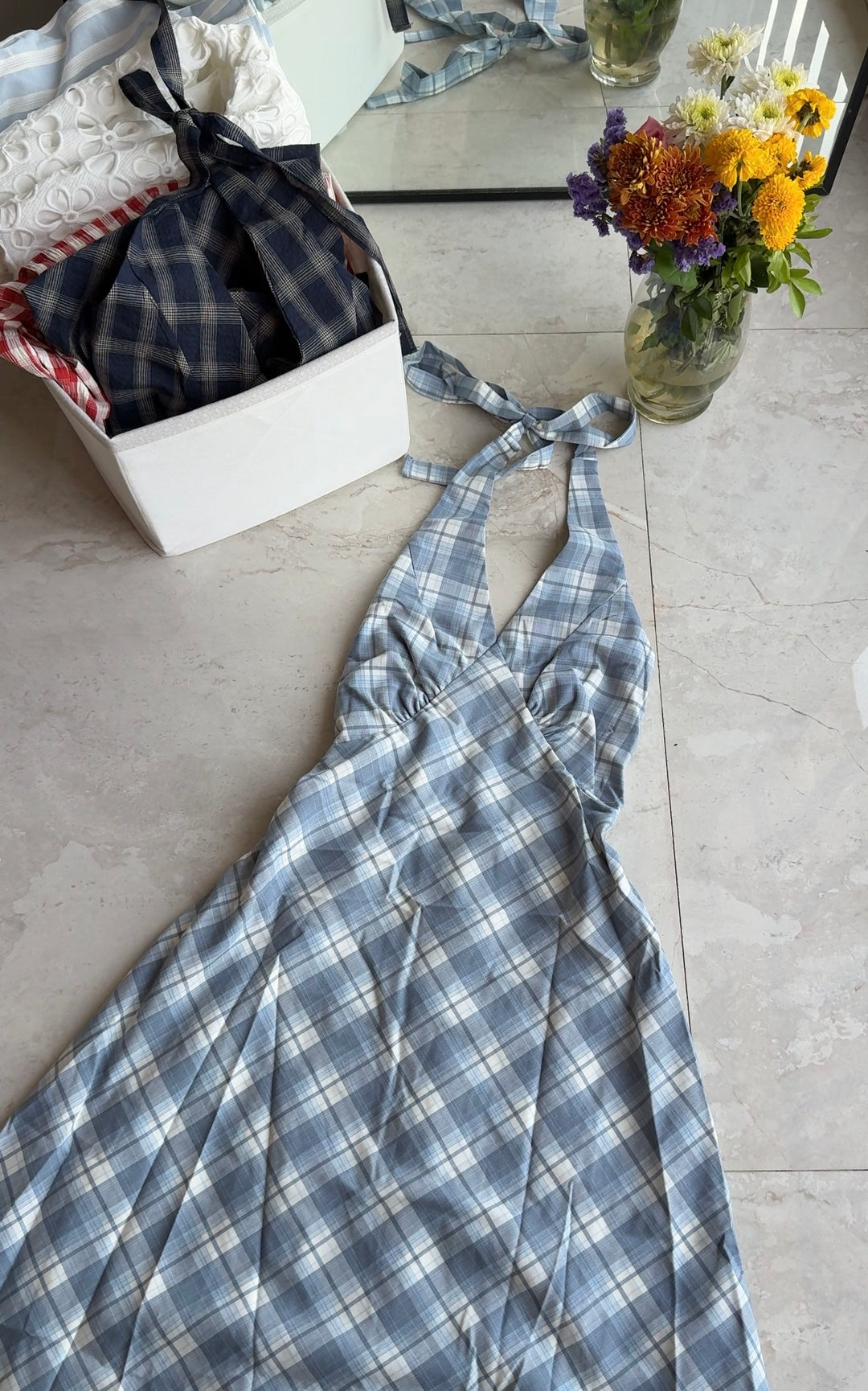 Malta halter neck chequered dress