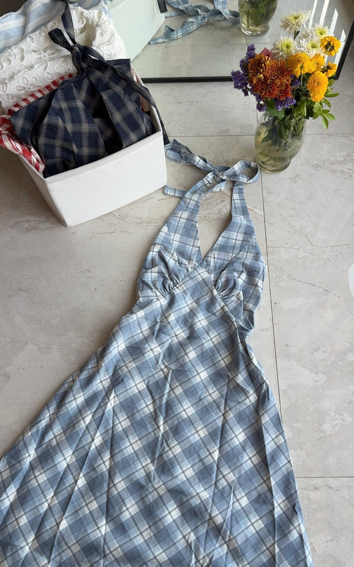 Malta halter neck chequered dress