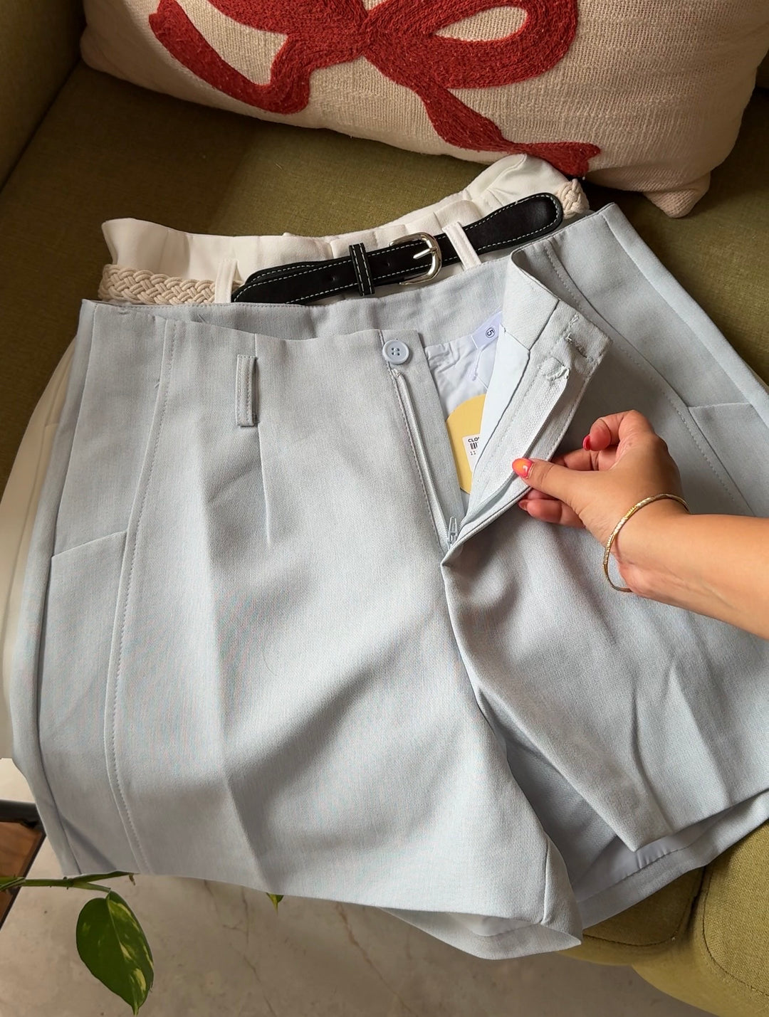 Muji high waist linen shorts with jute belt