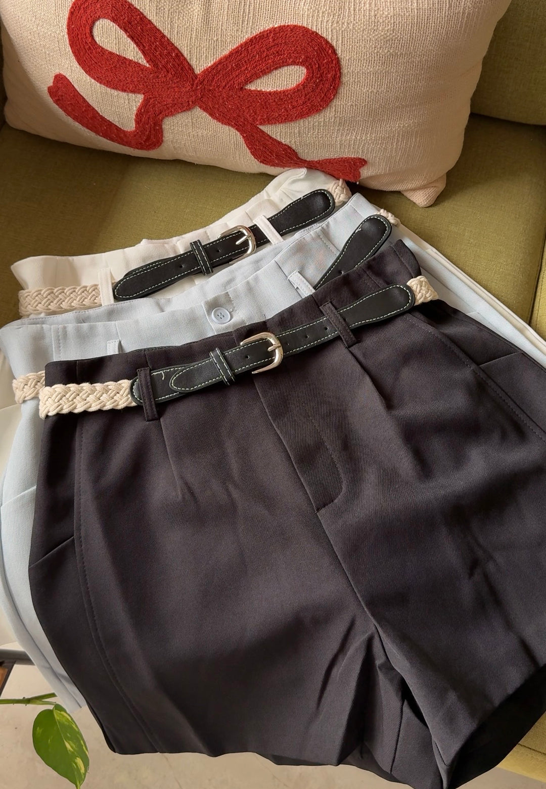 Muji high waist linen shorts with jute belt