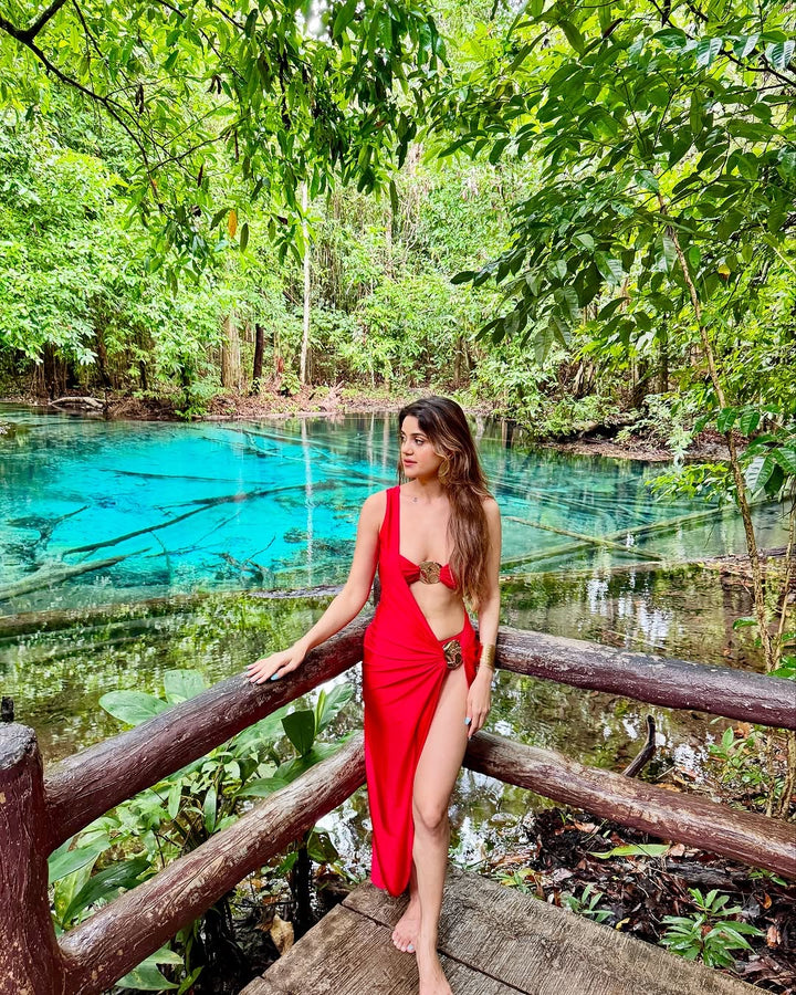 Capri bikini with one shoulder cover up