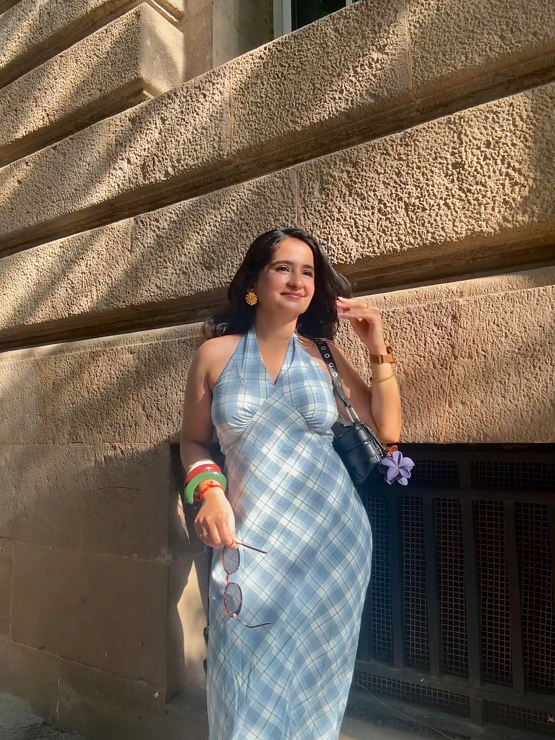 Malta halter neck chequered dress