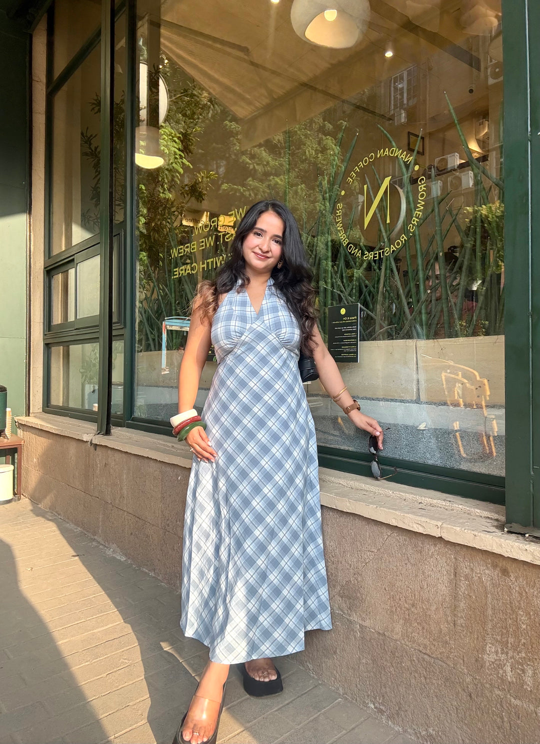 Malta halter neck chequered dress