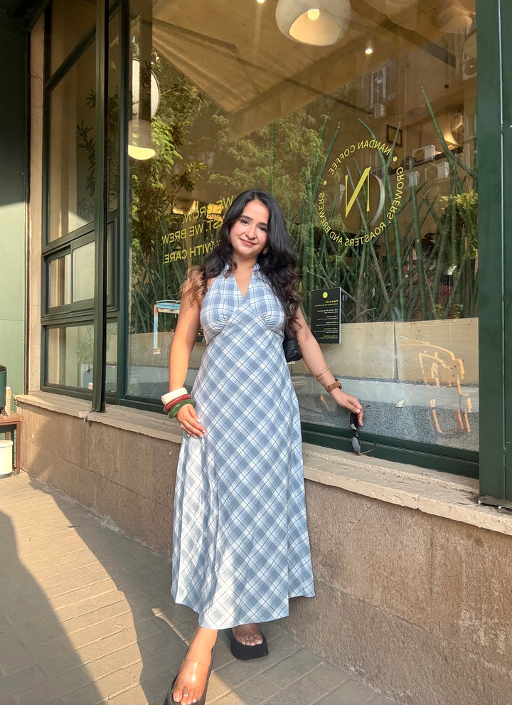 Malta halter neck chequered dress