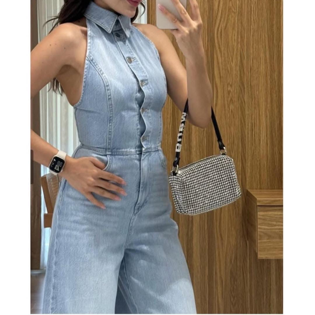 Glasgow halter neck denim jumpsuit