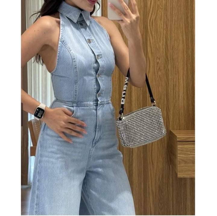 Glasgow halter neck denim jumpsuit