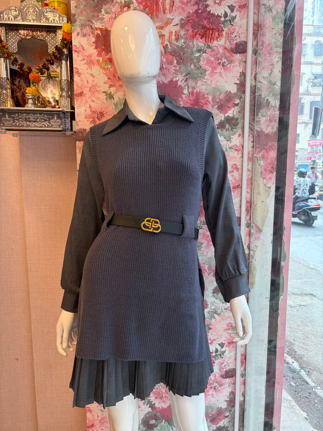 Rome knit vest and pleated shirt dress with belt