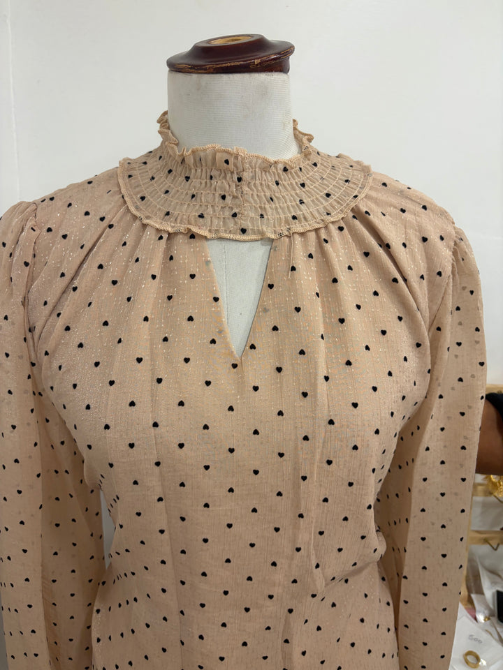Heart printed full sleeves top- beige
