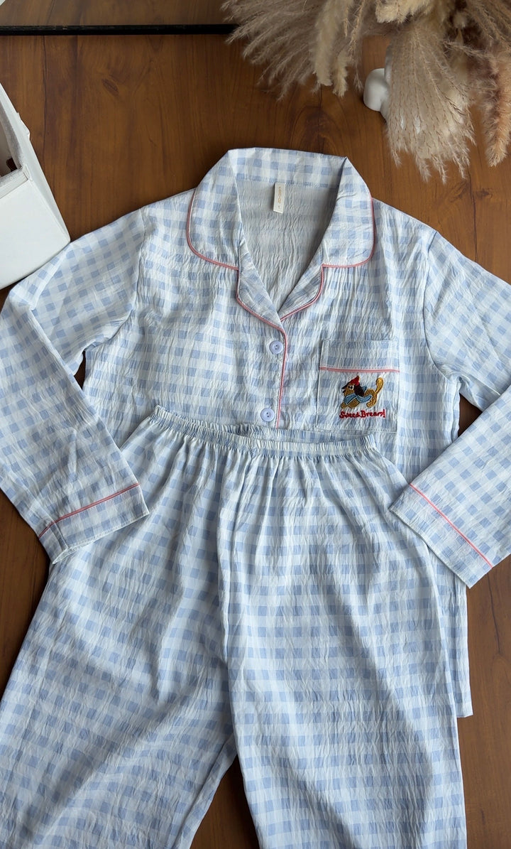 Sky blue collared built in night suit