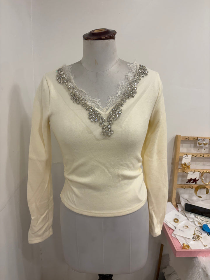 Full sleeves party wear top- white