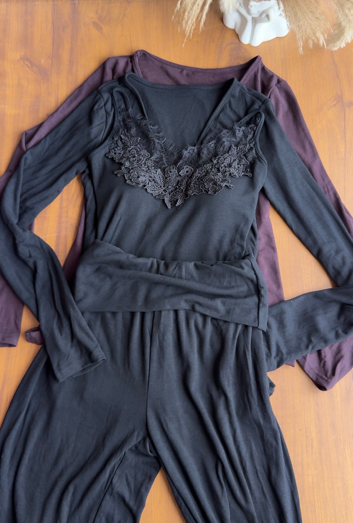 Senorita lace built in top with shrug and fold over pants