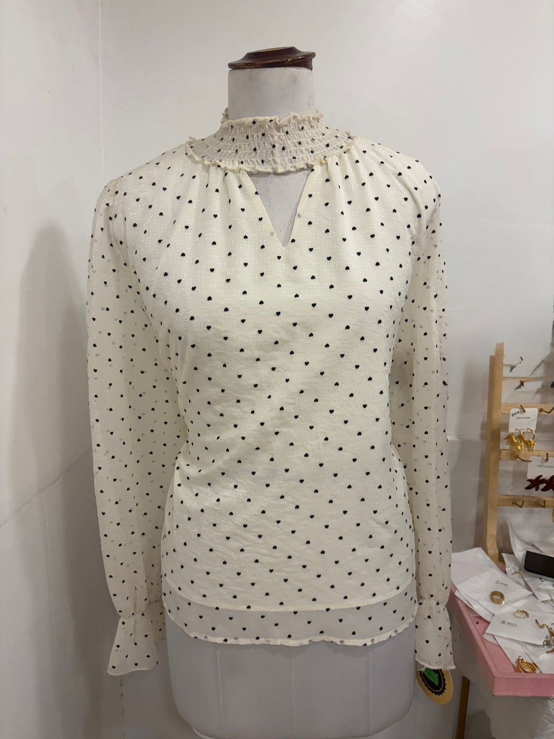 Heart printed full sleeves top- white