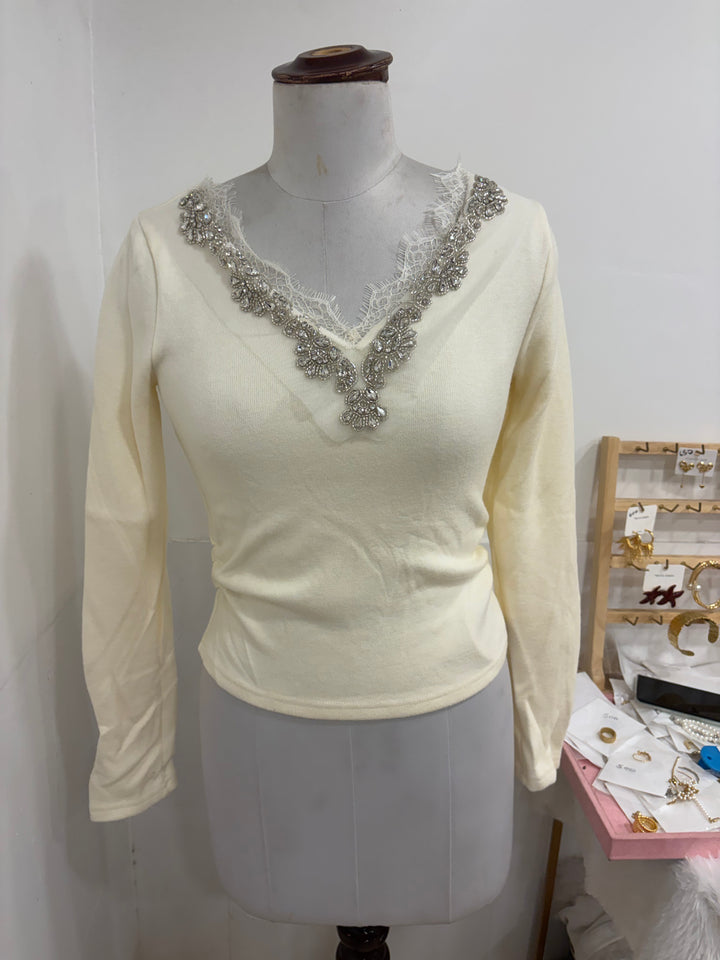 Full sleeves party wear top- white