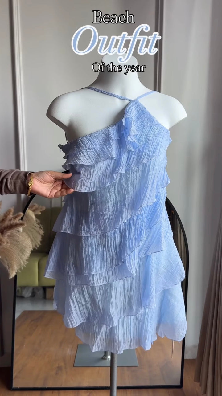 Starfish one shoulder frill dress-Blue and baby pink preorder