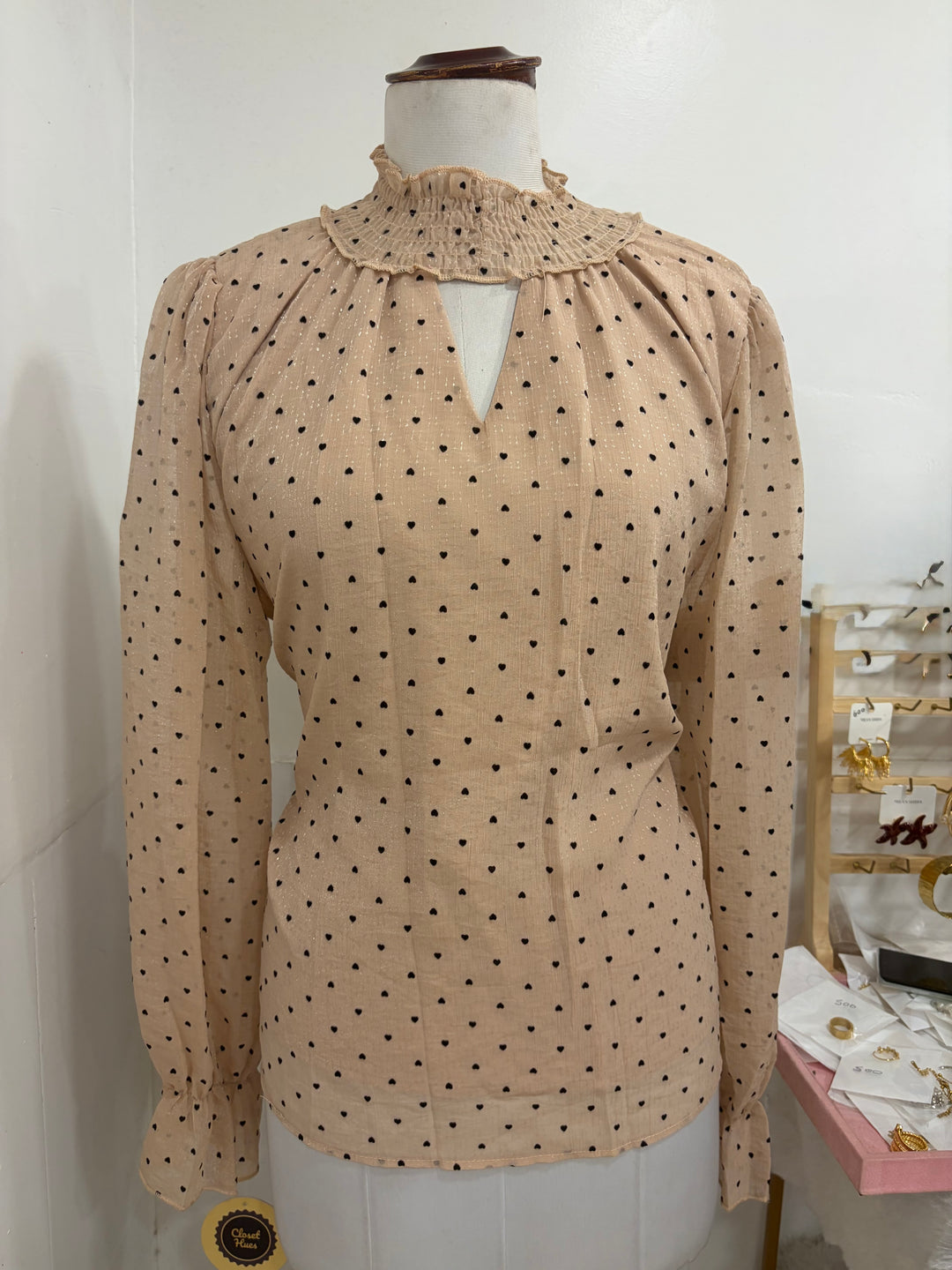 Heart printed full sleeves top- beige