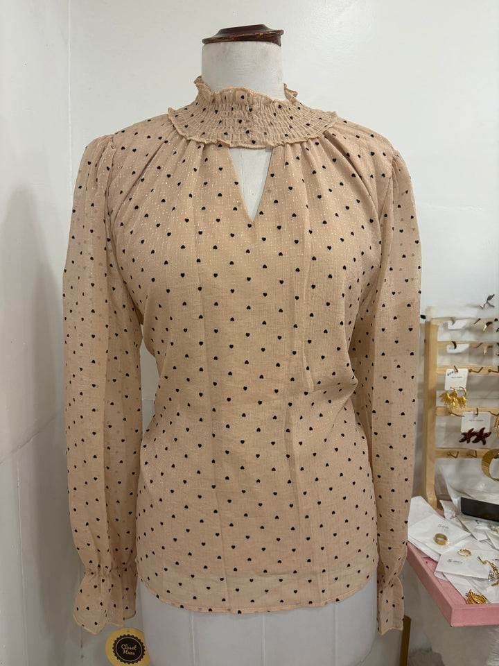 Heart printed full sleeves top- beige