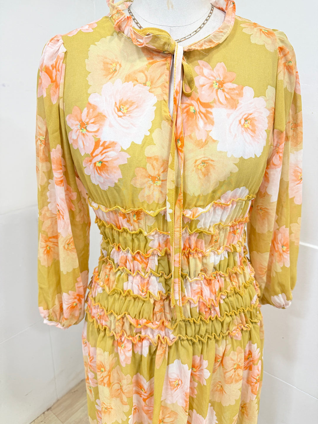 Floral full sleeves dress- yellow