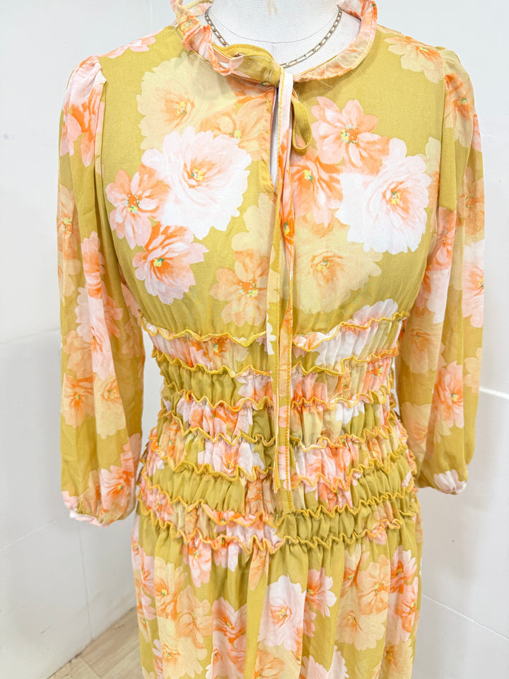 Floral full sleeves dress- yellow