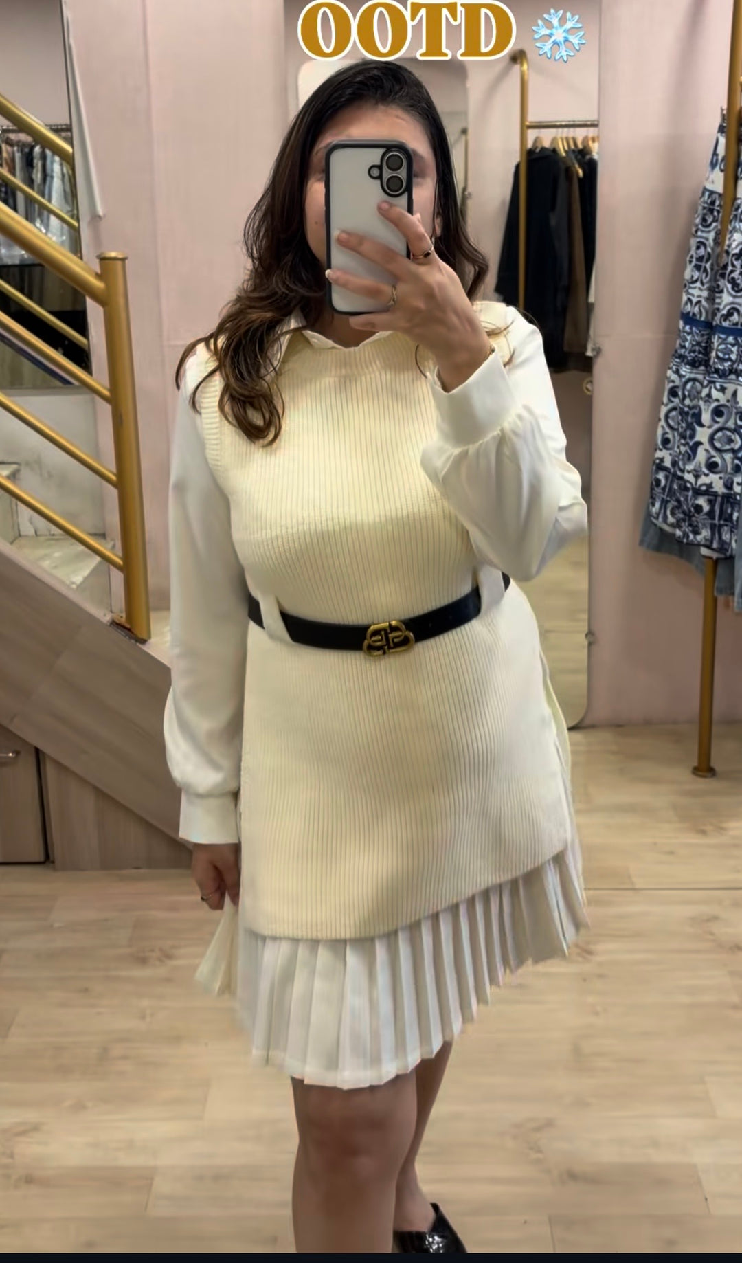 Rome knit vest and pleated shirt dress with belt