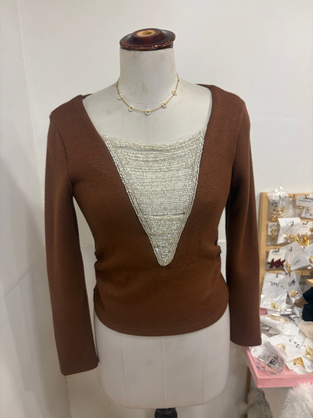 Full sleeves party wear top- brown