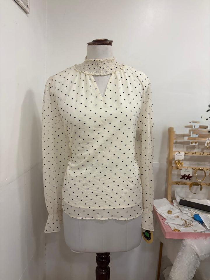 Heart printed full sleeves top- white