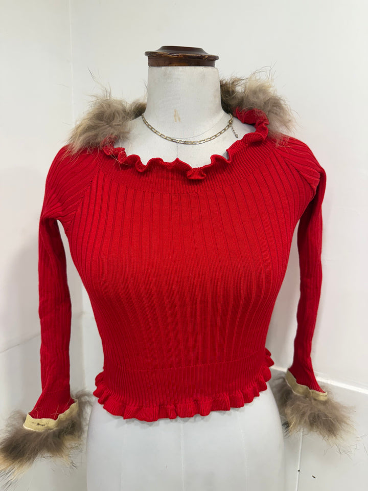 Fur sleeves top- red