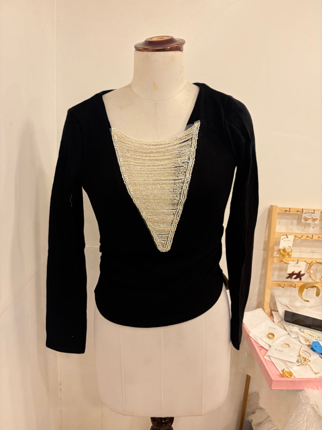 Full sleeves party wear top- black