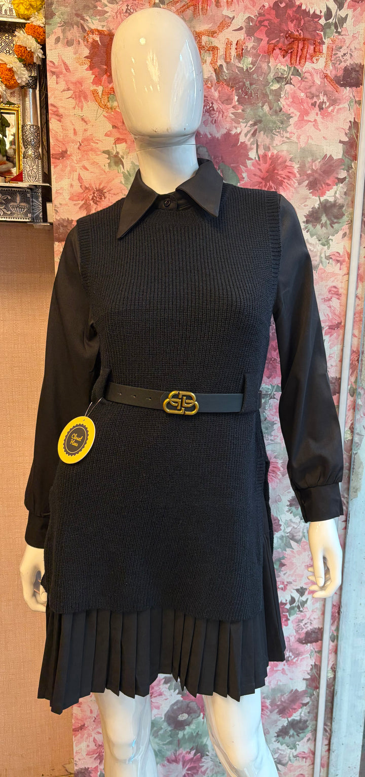 Rome knit vest and pleated shirt dress with belt
