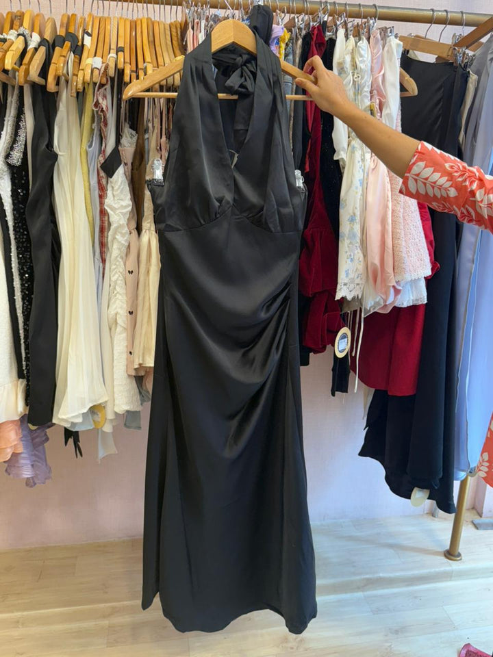 Katrina halter neck silk satin dress