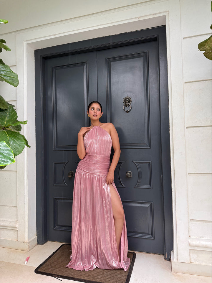 Marcella halter neck metallic dress