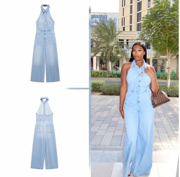 Glasgow halter neck denim jumpsuit