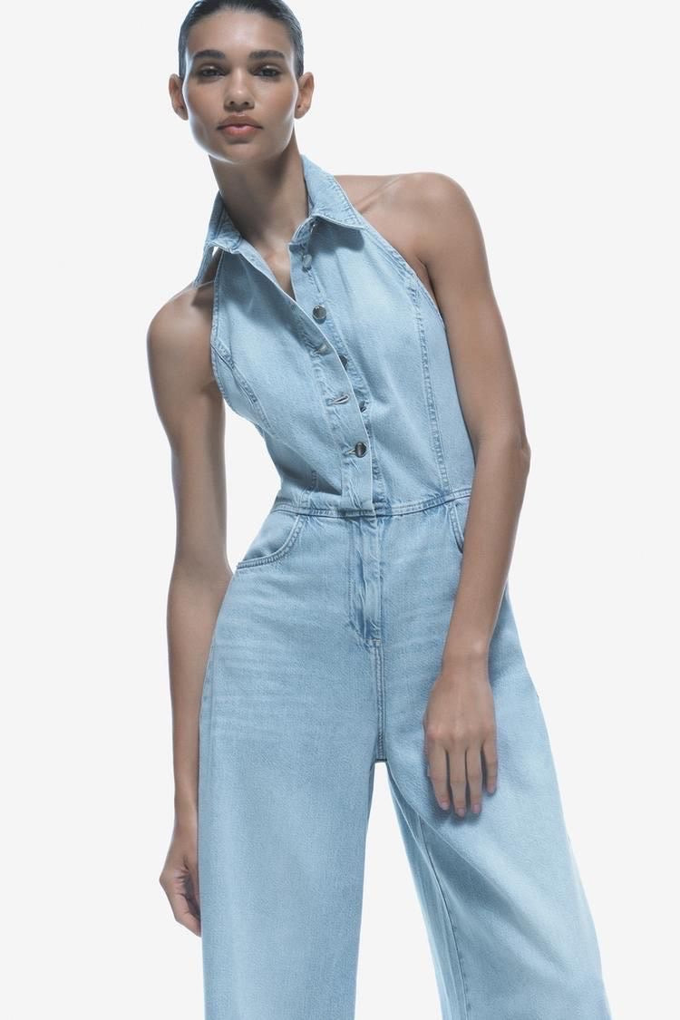 Glasgow halter neck denim jumpsuit
