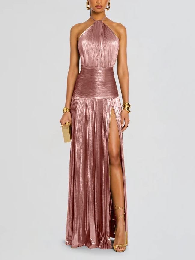 Marcella halter neck metallic dress