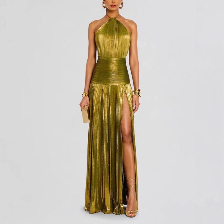 Marcella halter neck metallic dress