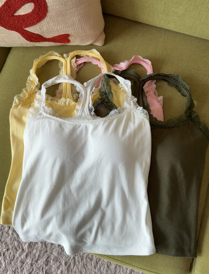 Bagel lace t-back built in bra top