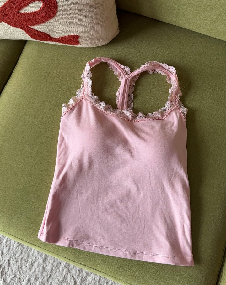 Bagel lace t-back built in bra top