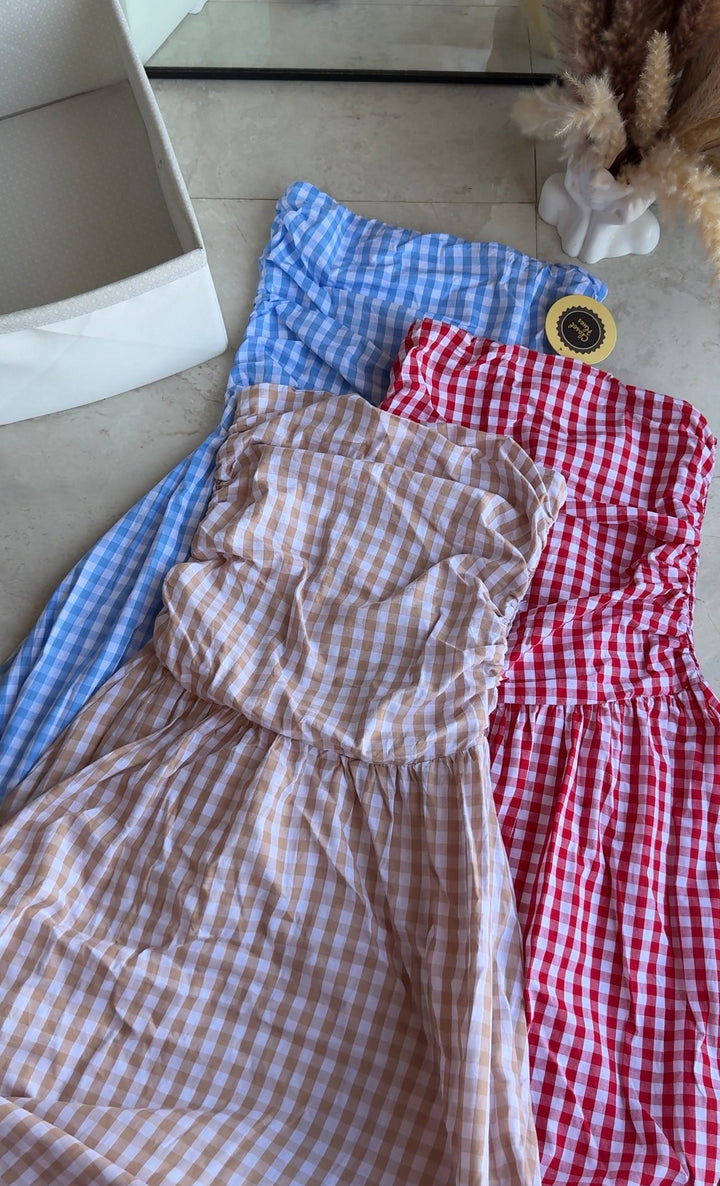 Pecan chequered tube Midi-dress